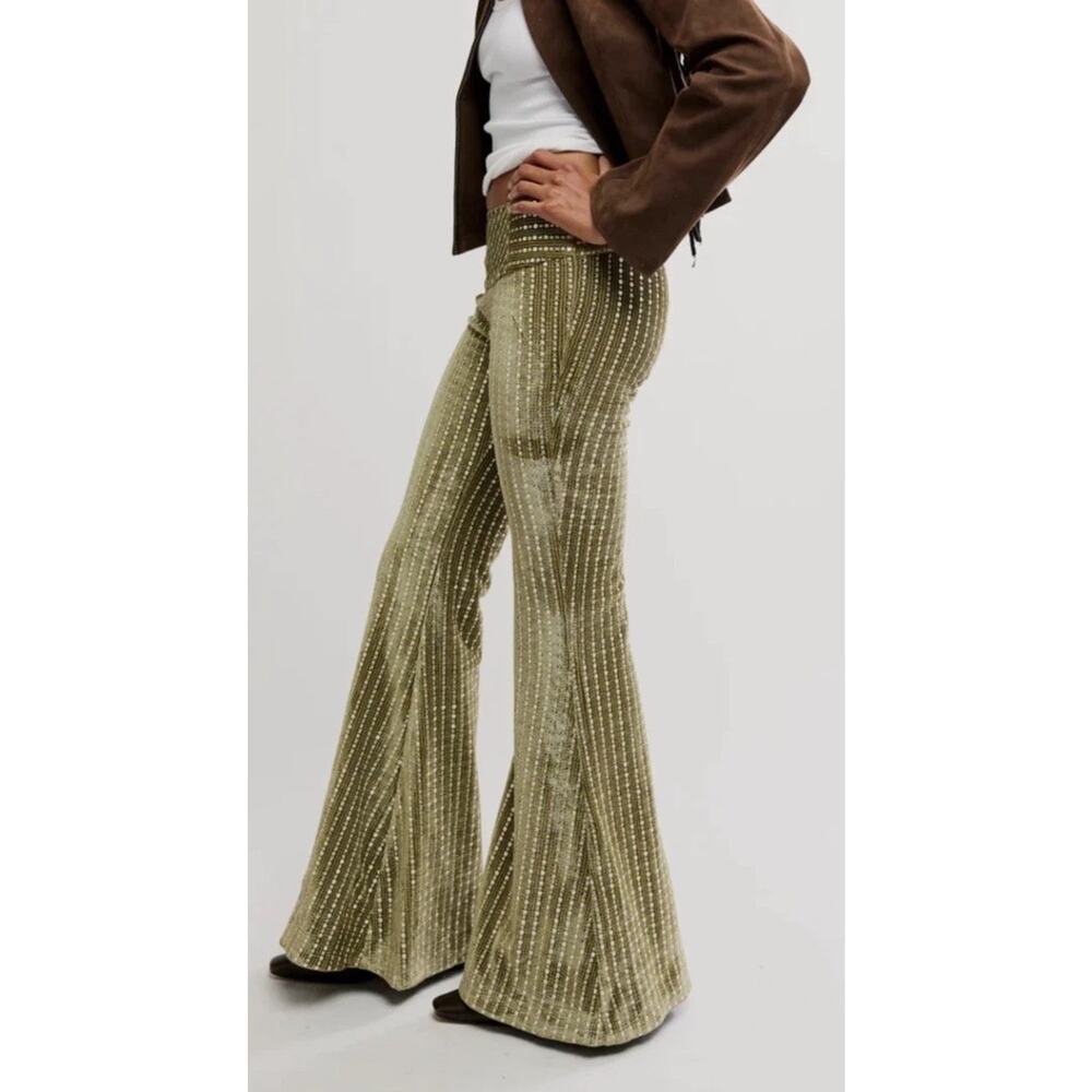 Free People Pants Womens 8 Green Velvet Flare Leg Star Sequin High Waist $198